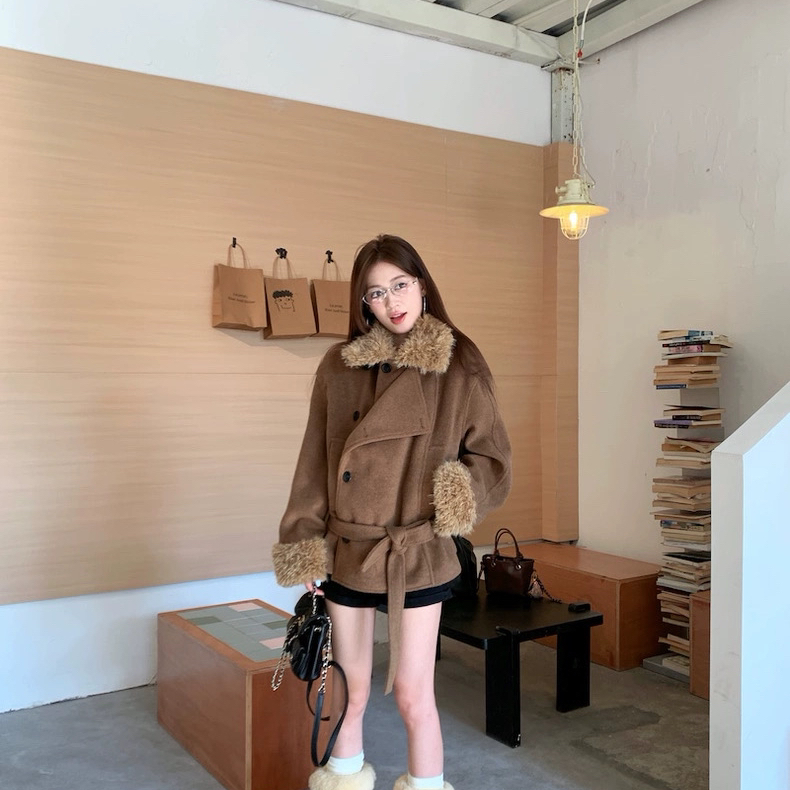 米米设计可韩系美拉德复古毛领毛呢加厚保暖短外套(配腰带)S5235