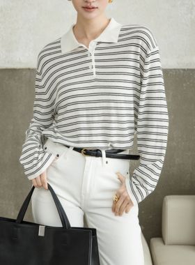 米米年早春经典版型横条纹针织休闲POLO衫（含33羊毛）BL44