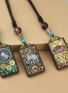 古风尼泊尔平安牌黑檀木唐异域风情吊牌项链男女百搭象神毛衣链