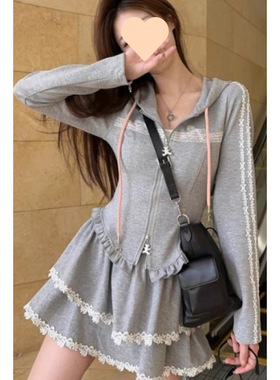 韩系甜辣独特绝美小套装小个子穿搭一整套花边连帽卫衣蓬蓬裙