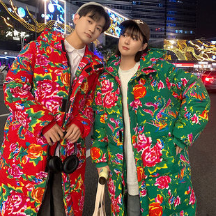 长款棉衣外套男东北大花棉袄中国风汉服男款秋冬季羽绒棉服大衣