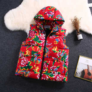 东北农村大花布衣服男款加厚国潮棉袄子二人转演出服连帽马甲外套