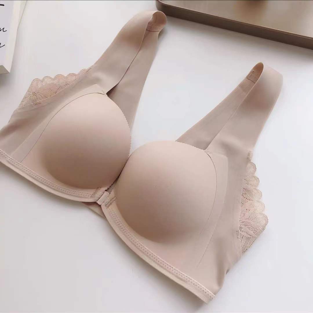 日本轻木棉内衣女前扣无痕小胸文胸美背聚拢收副乳无钢圈加厚胸罩