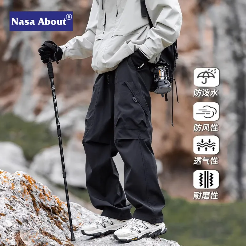 NASA秋冬登山三防冲锋裤子男士户外工装裤加绒休闲长裤2024冬季新