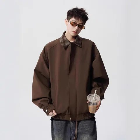 外套男复古风格纹夹克高街春潮牌棒球服飞行棕色翻领巴恩美式拼接