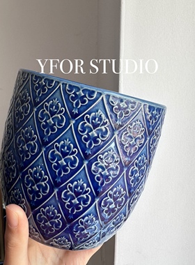【YFOR】出口外贸手绘釉面浮雕中古风中国深蓝蝴蝶兰绿植陶瓷花盆