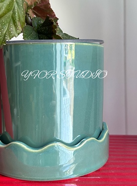 YFOR出口花浮雕陶瓷花盆绿色透气多肉蝴蝶兰海芋绿植花卉植物花盆