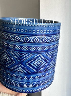 出口外贸釉面浮雕中古深蓝色大口径16cm蝴蝶兰陶瓷花盆