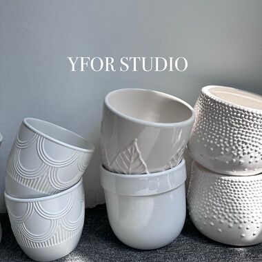 YFOR STUDIO出口外贸复古陶瓷无孔白色孤品彩芋蝴蝶兰花盆