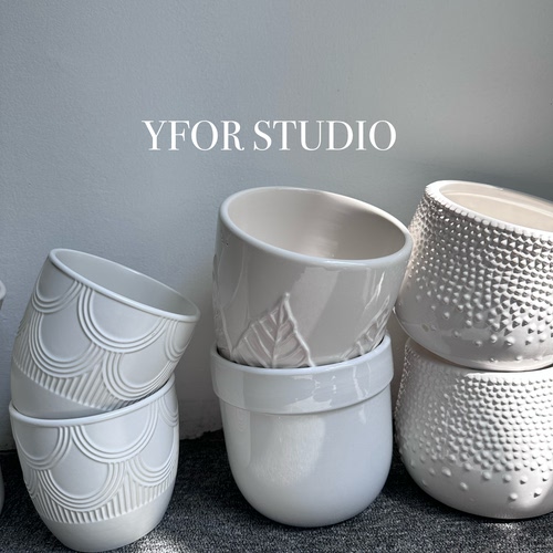 YFOR STUDIO出口外贸复古陶瓷无孔白色孤品彩芋蝴蝶兰花盆