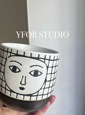 出口外贸手绘釉下彩黑白条纹格子复古蝴蝶兰海芋侘寂风陶瓷花盆