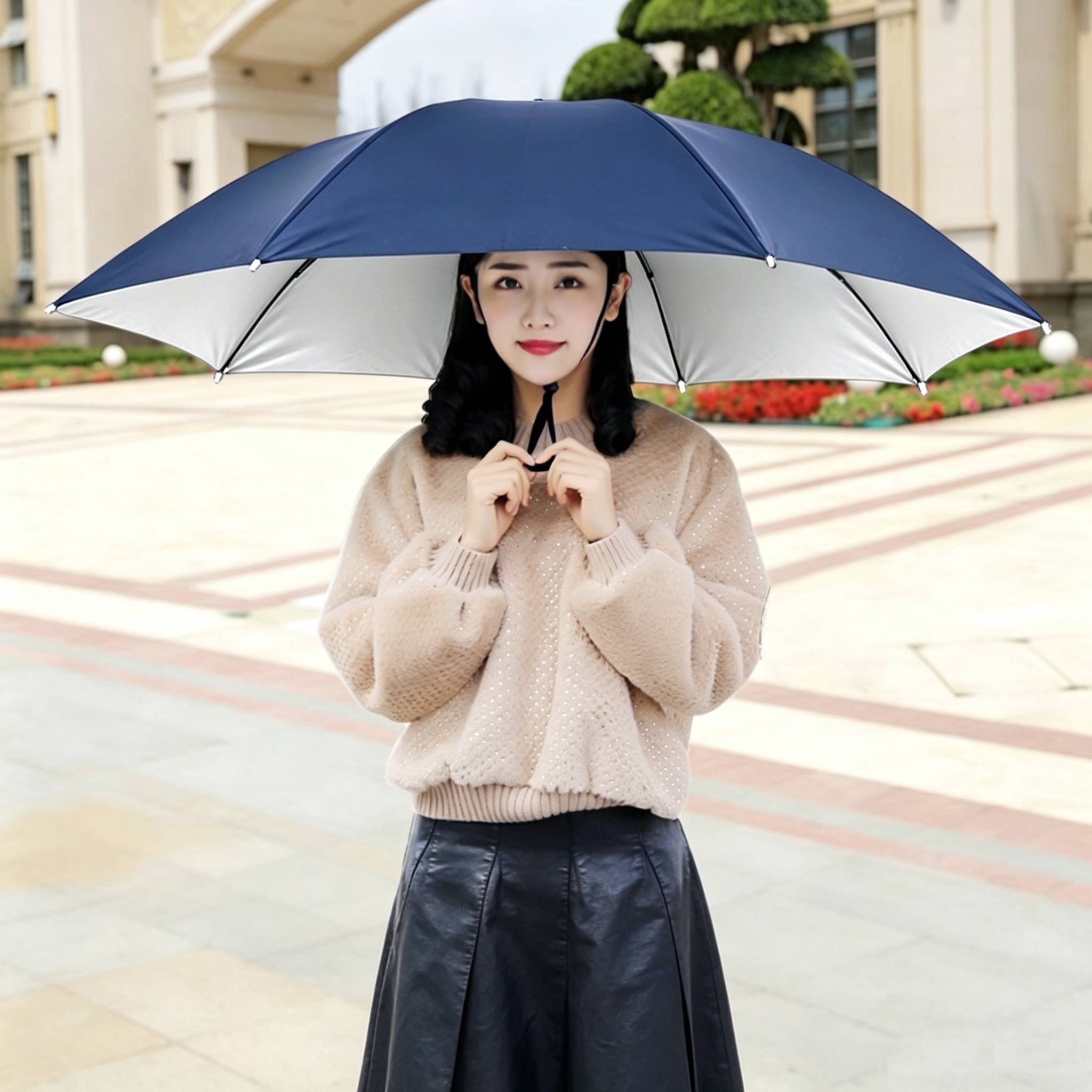 头戴伞帽超大号晴雨两用三折叠伞