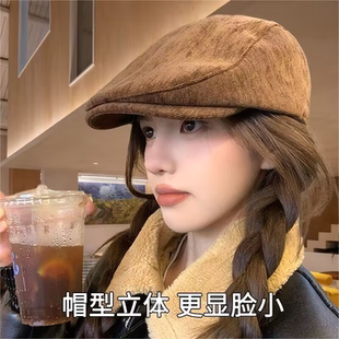 韩系前进帽女秋冬季方圆脸贝雷帽大头围显脸小报童帽反戴鸭舌帽子