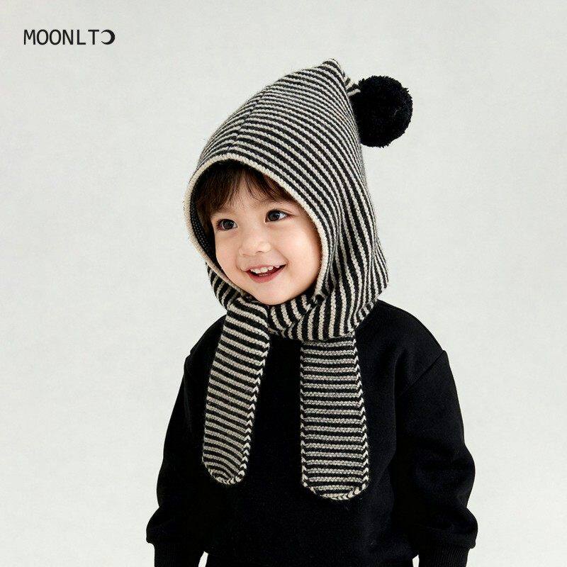 儿童帽子围巾一体秋冬季保暖防风条纹男女童针织毛线宝宝护耳帽