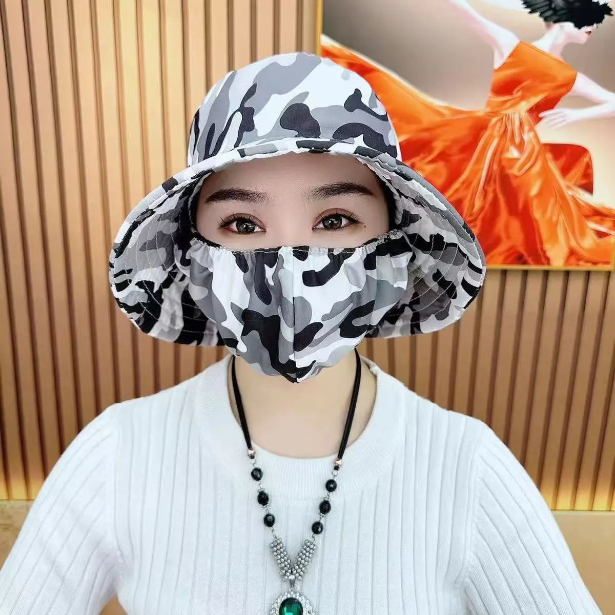 口罩帽子一体迷彩色采茶帽男女同款户外采茶防风防尘遮阳防晒帽子