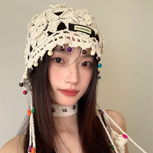 渔夫帽旅游头帽镂空花朵针织头巾