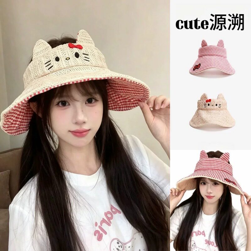 夏日可爱kt格纹双面戴空顶遮阳帽