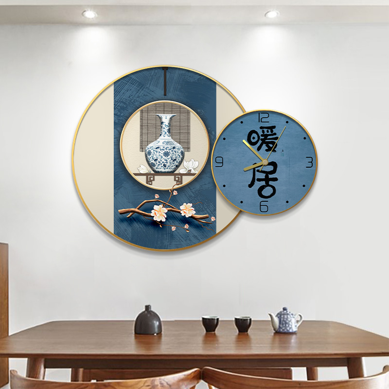 速发餐厅装饰画新中式餐桌墙面挂画饭厅夕厅背景墙壁画圆形花卉钟图片