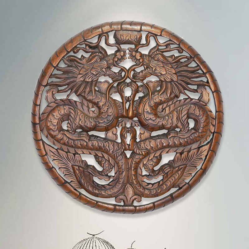 极速东南亚木雕工艺品 泰国进口双龙圆形60cm雕花板酒.店会所墙上