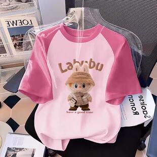 拉布布纯棉拼色插肩女童短袖t恤儿童上衣男童多巴胺穿搭大童体恤