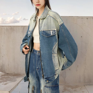 美式复古牛仔外套女宽松设计感小众情侣翻领水洗潮牌夹克短外套男