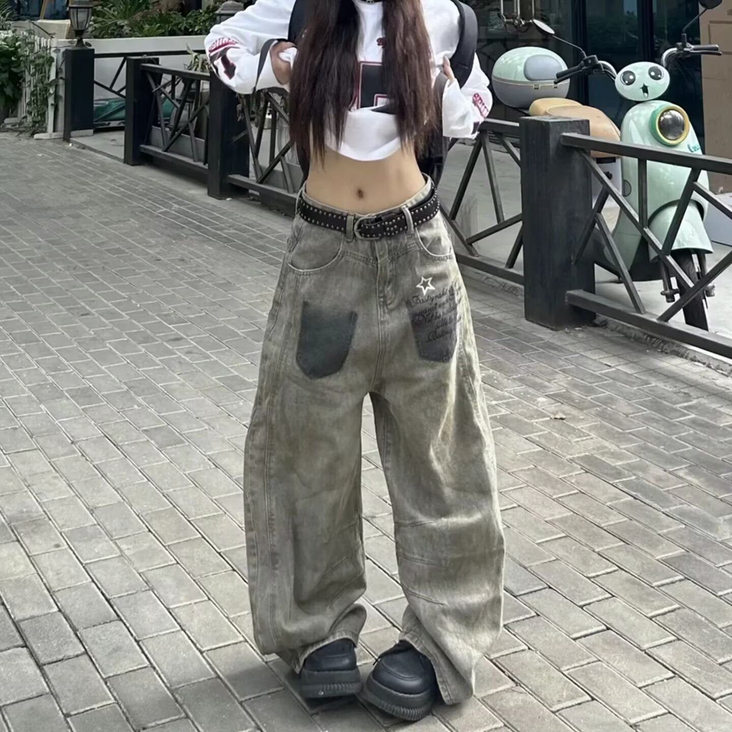 美式复古卡其色高街做旧牛仔裤女情侣宽松直筒阔腿裤水泥灰长裤子,女装/女士精品,牛仔裤,淘宝优惠券,粉丝福利购,淘宝优惠卷