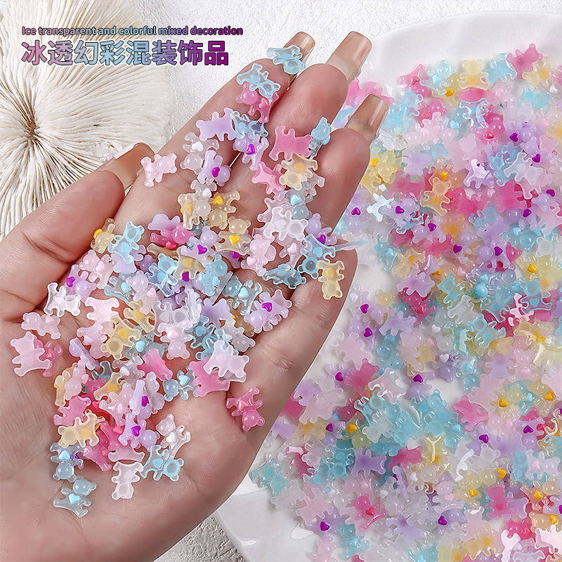 新款mini冰透蝴蝶结美甲饰品小清新卡通树脂小熊星星爱心美甲