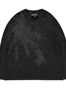 330G！ 重工！水洗做旧破洞 秋冬季亚文化印花帅气休闲长袖T恤