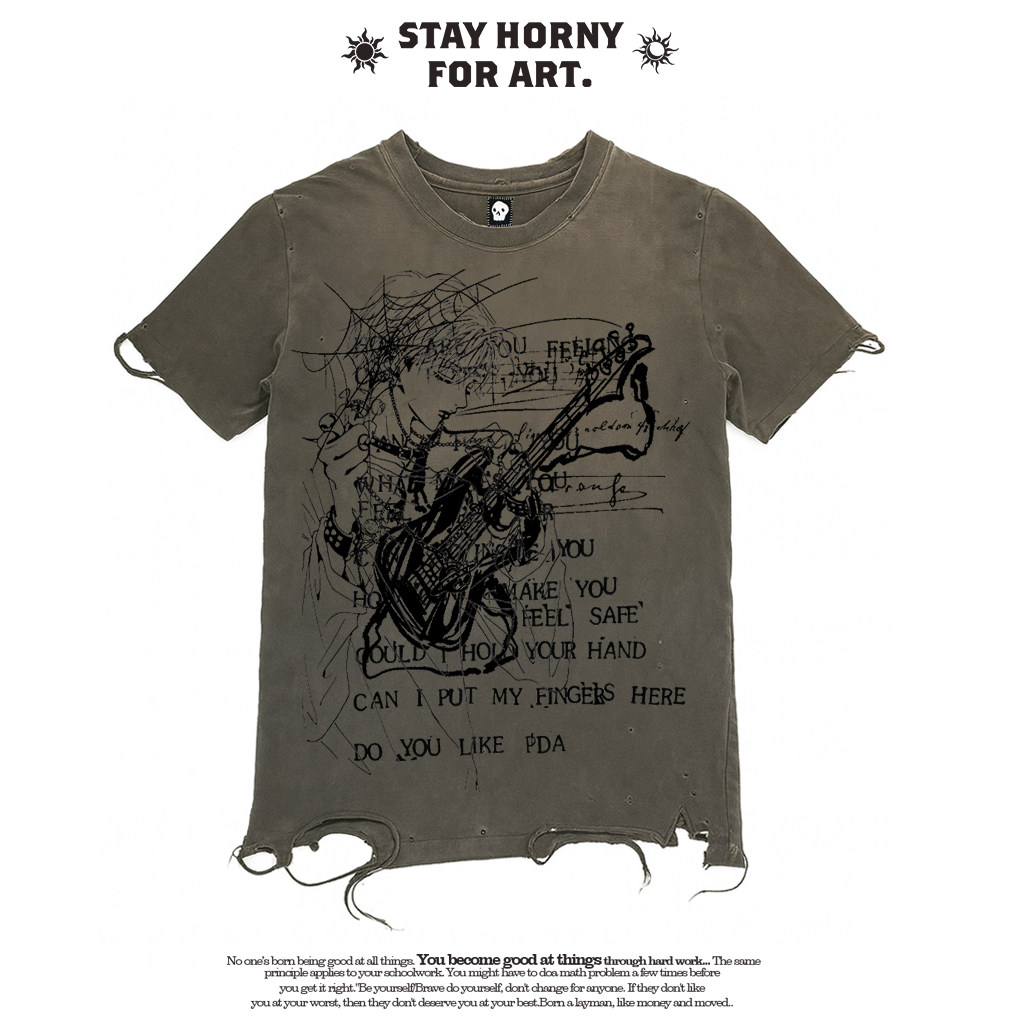 MELANIN 黑色素刺青 亚比风美学暗黑吉他少年哥特复古破洞短袖T恤