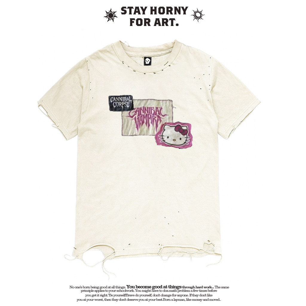 MELANIN 黑色素刺青 土酷返祖暗黑小猫动漫贴布破洞亚文化短袖T恤,男装,T恤,淘宝优惠券,粉丝福利购,淘宝优惠卷
