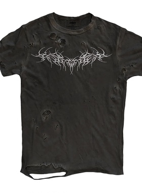 MELANIN 黑色素刺青 哥特风金属荆棘图腾艺术感短袖T恤高街破洞