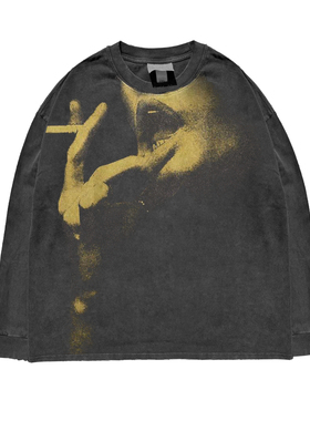 330G！ 重工！水洗做旧破洞 古着感个性独特黑色素刺青OS长袖T恤