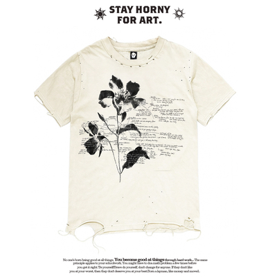 MELANIN 黑色素刺青 文艺暗黑风花卉涂鸦破洞破烂水洗短袖T恤