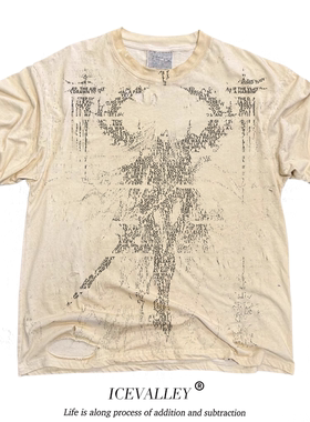 MELANIN 黑色素刺青 亚文化刺青个性图案十字军固守破洞杏色T恤