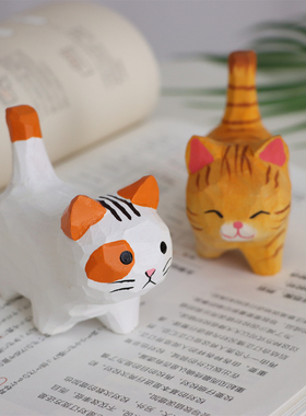日式手工木雕大猫解压桌面摆件