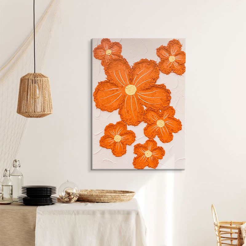 优选奶油风抽象花卉立体肌理客厅装饰画手绘油画北欧风格橙色玄关图片