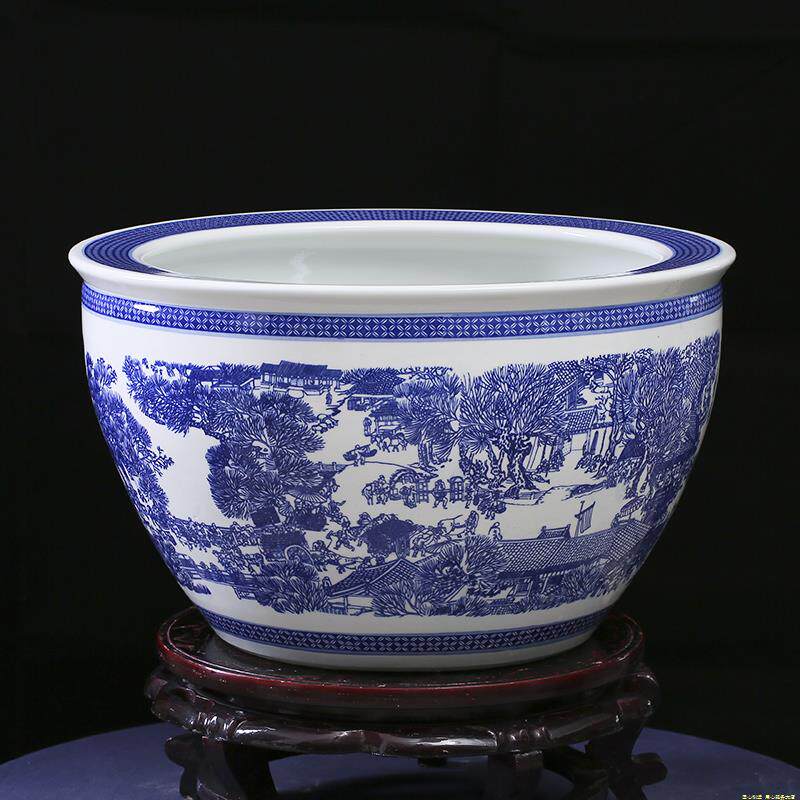 高端景德镇青花陶瓷鱼缸养金鱼荷花睡莲特大型缸清明上河图庭院风