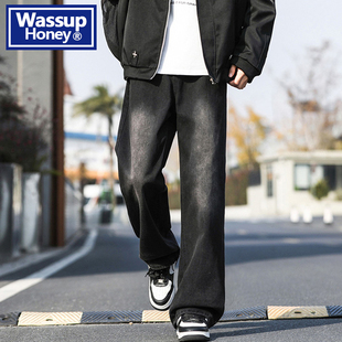 子男生阔腿休闲裤 WASSUP 男潮牌复古宽松长裤 直筒牛仔裤 Honey美式