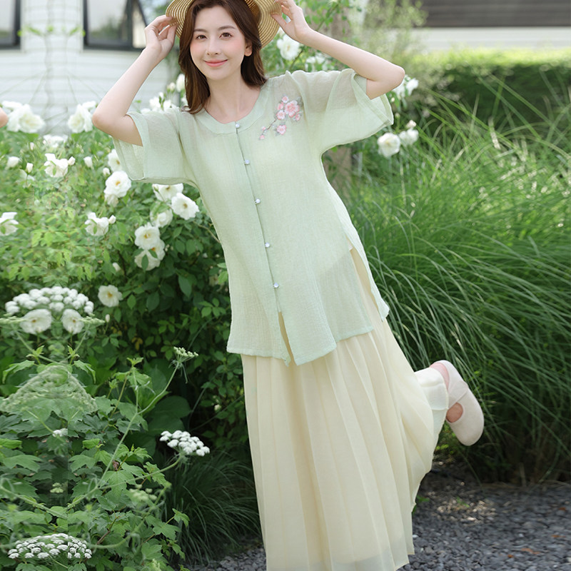 知则汉元素圆领对襟上衣汉服褶裙送衬裙夏季日常女款绿色【袅袅】
