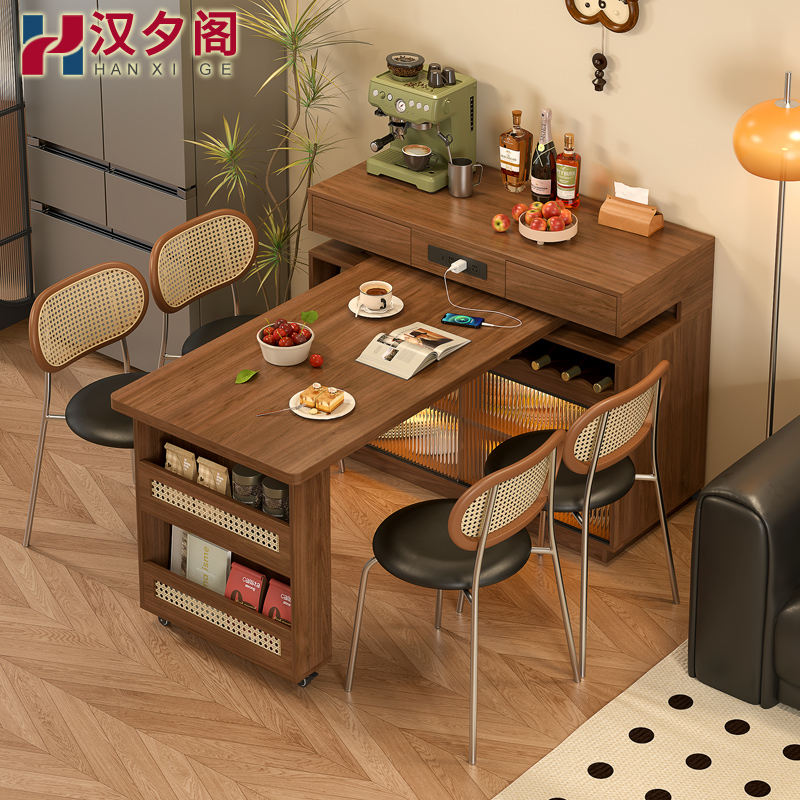 实木岛台餐桌一体可伸缩旋转