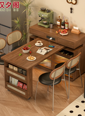实木岛台餐桌一体可伸缩旋转中古风开放式厨房吧台桌隔断柜9E83
