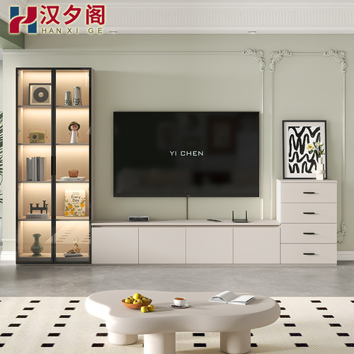 奶油风电视柜收纳一体组合墙柜