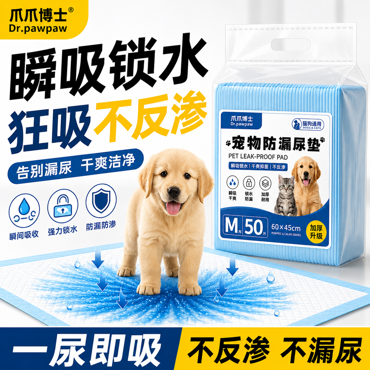 爪爪博士狗狗尿垫猫咪加厚一次性隔尿垫宠物除臭吸水不反渗尿不湿