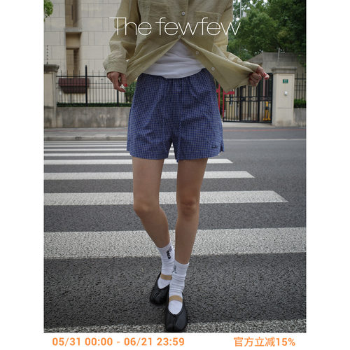 The fewfew 纯棉格纹条纹面料休闲宽松舒适松紧腰A字短裤