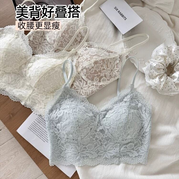 法式鱼骨线蕾丝吊带背心内衣女薄款内搭显瘦短款美背上衣自带胸垫