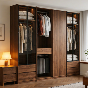 莫干山衣柜家用卧室储物柜衣帽间柜子玻璃门实木挂衣橱定制包安装
