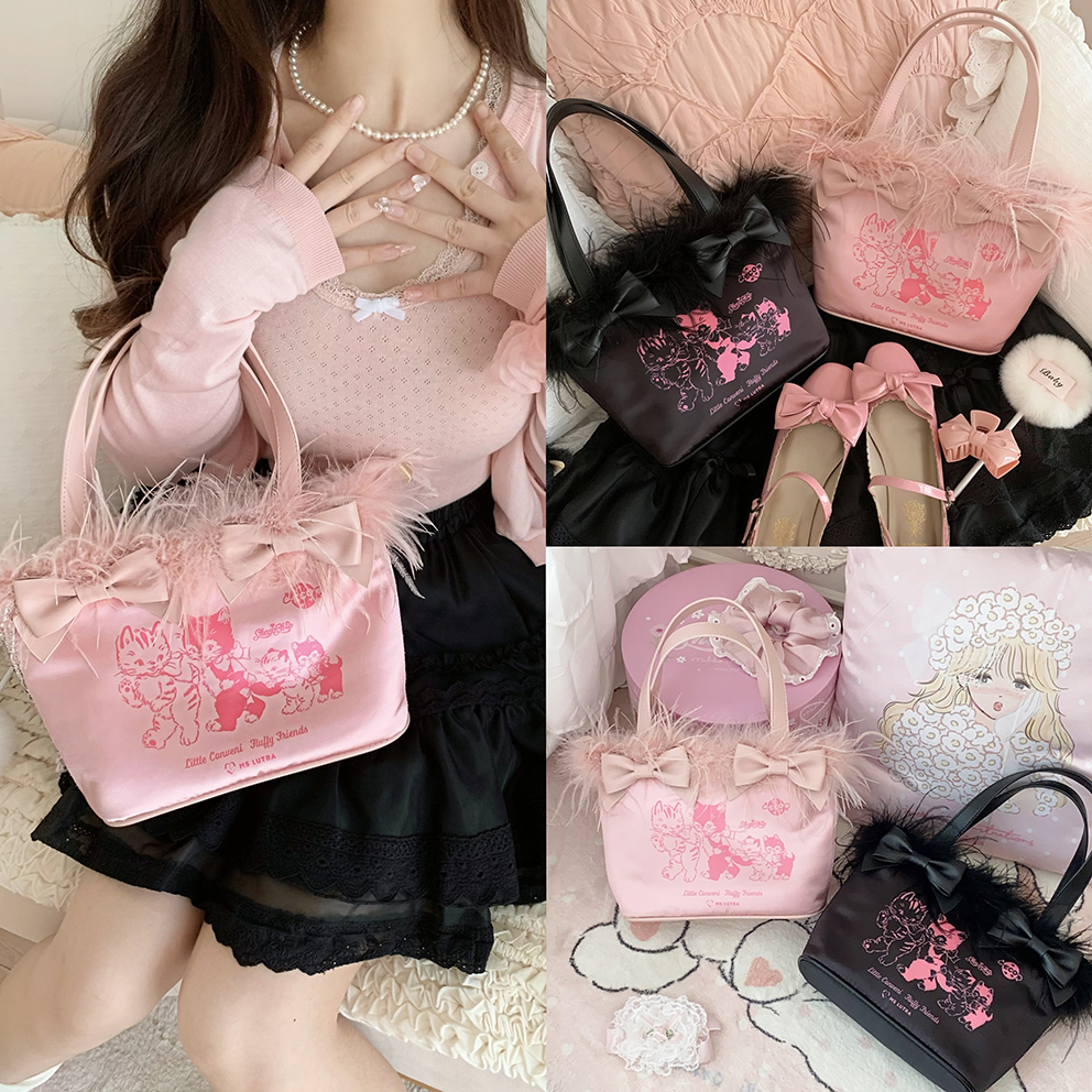 绝版MsLUTRA联名手提包法式日系毛毛托特包羽毛包缎面原创lolita