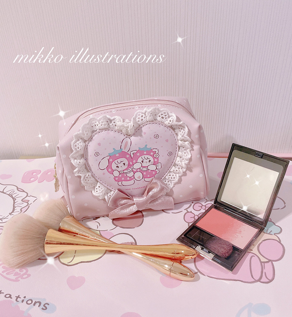绝版正品绵羊商店mikko联名草莓爱心化妆包可爱皮质粉色蕾丝包包