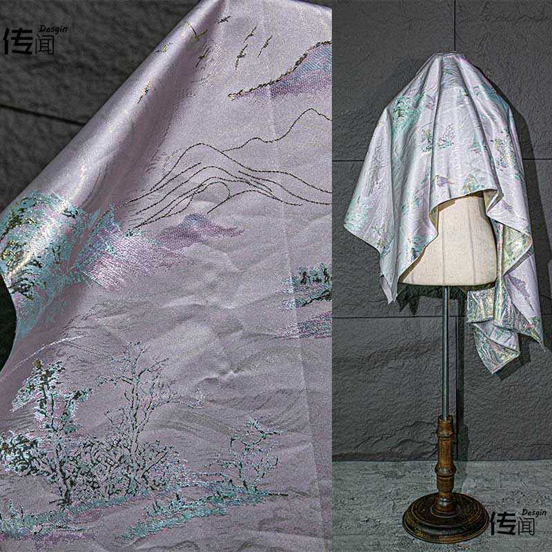 中国风提花山水金丝服装浮雕面料古装汉服装饰书画影视设计师布料图片