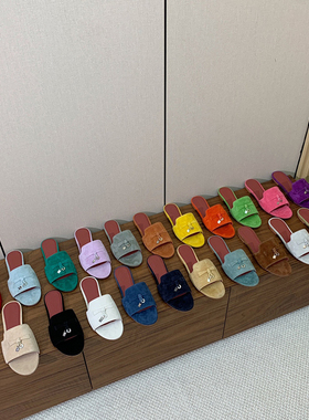 醉全配色！！LP凉拖一字平底真皮懒人拖鞋女外穿露趾一脚蹬半拖鞋